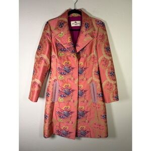 Etro Milano Floral Brocade Overcoat Coral Pink Purple Italian Silk Blend Size 44
